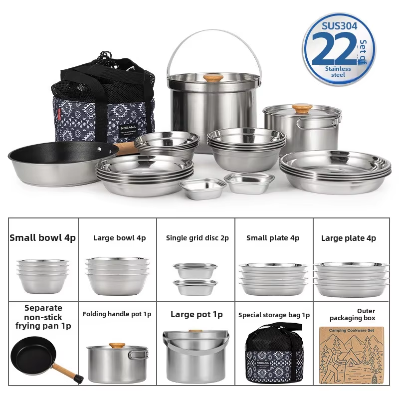 Camping Cooking And Cutlery Set - NOBANA Yeni Açık Paslanmaz Çelik Tencere