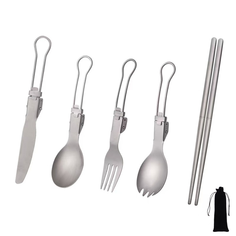 Camping Cooking And Cutlery Set - Titanyum Katlanabilir Gereç Seti, Çatal Kaşık
